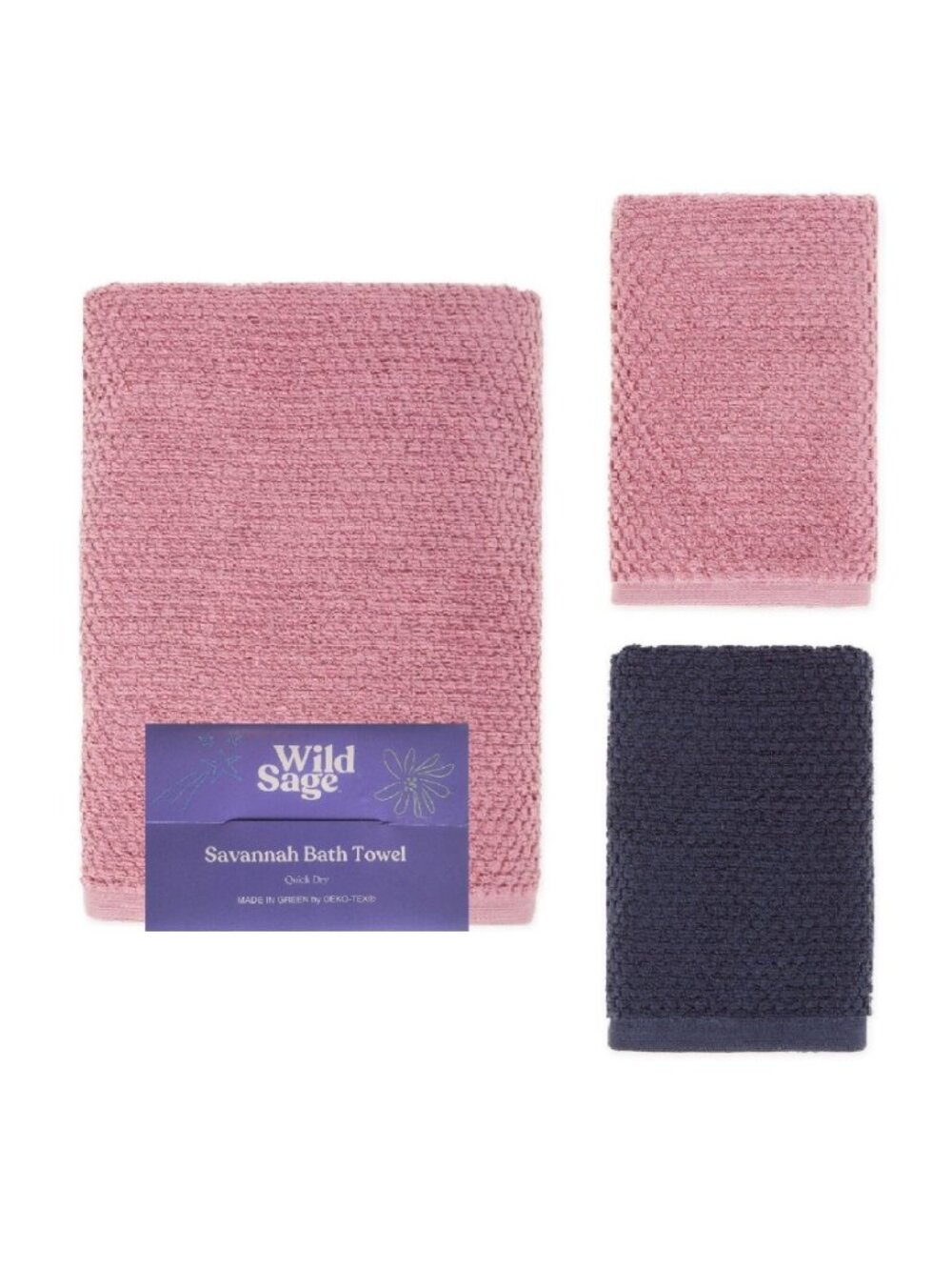 Wild Sage Quick Dry Towel Set = 1 MAUVE Bath + 1 BIJOU BLUE Hand + 1 MAUVE Hand